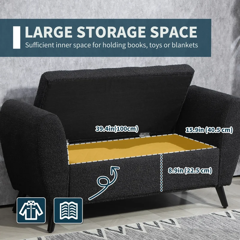 Upholstered Storage Bench with Arms, Modern Ottoman, Black