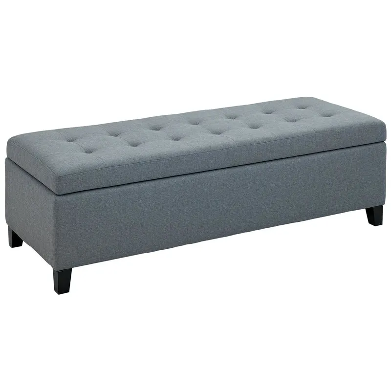 Rectangular Entry Bench, Tufted Upholstered Linen, Wood Feet, Grey