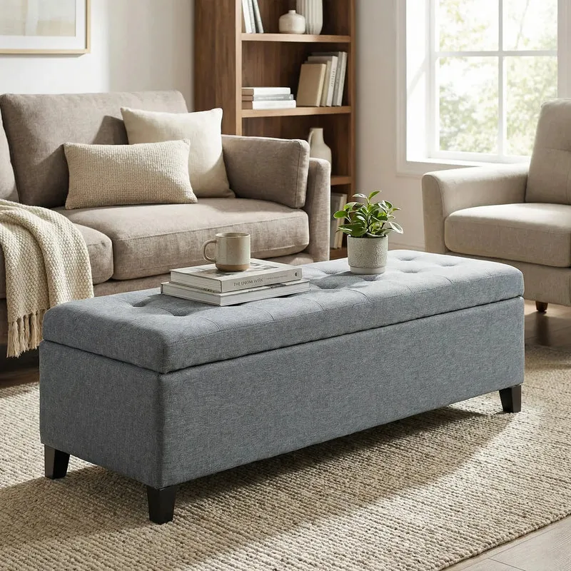Rectangular Entry Bench, Tufted Upholstered Linen, Wood Feet, Grey