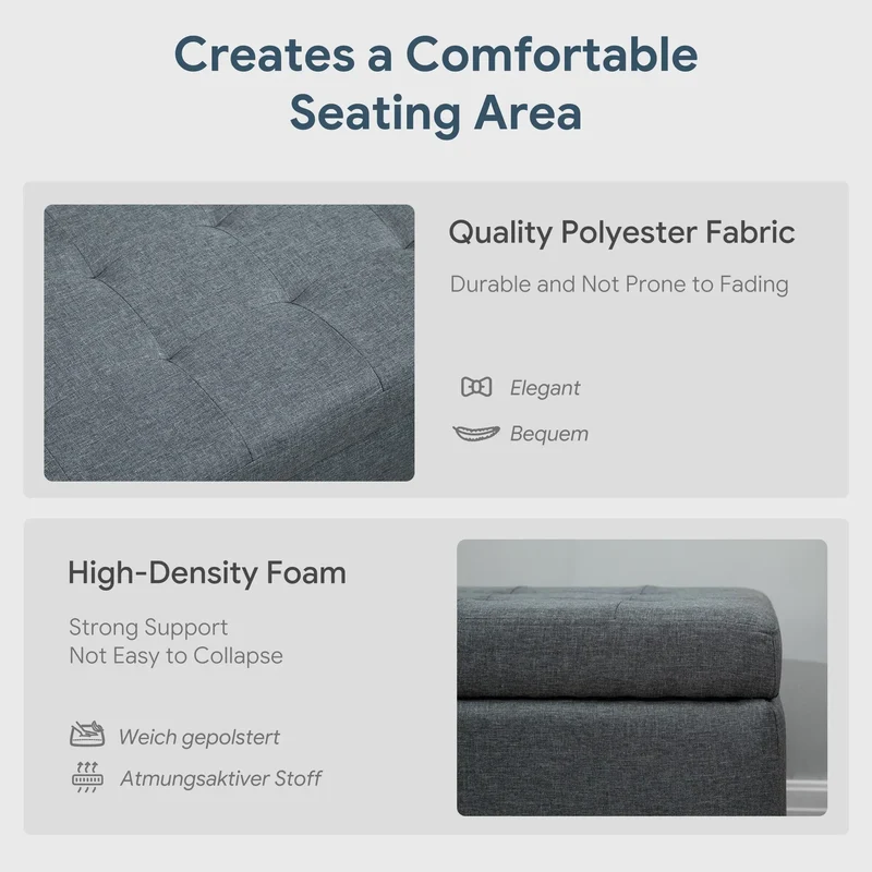 Rectangular Entry Bench, Tufted Upholstered Linen, Wood Feet, Grey