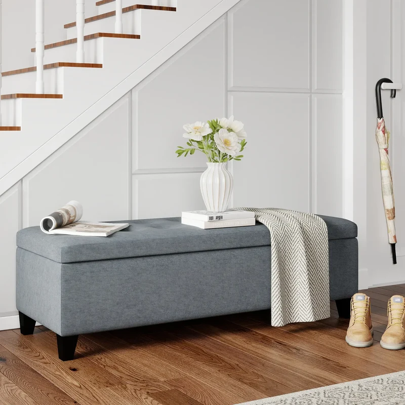Rectangular Entry Bench, Tufted Upholstered Linen, Wood Feet, Grey