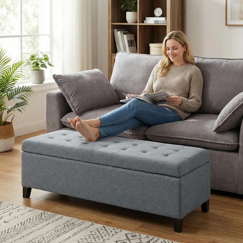Rectangular Entry Bench, Tufted Upholstered Linen, Wood Feet, Grey
