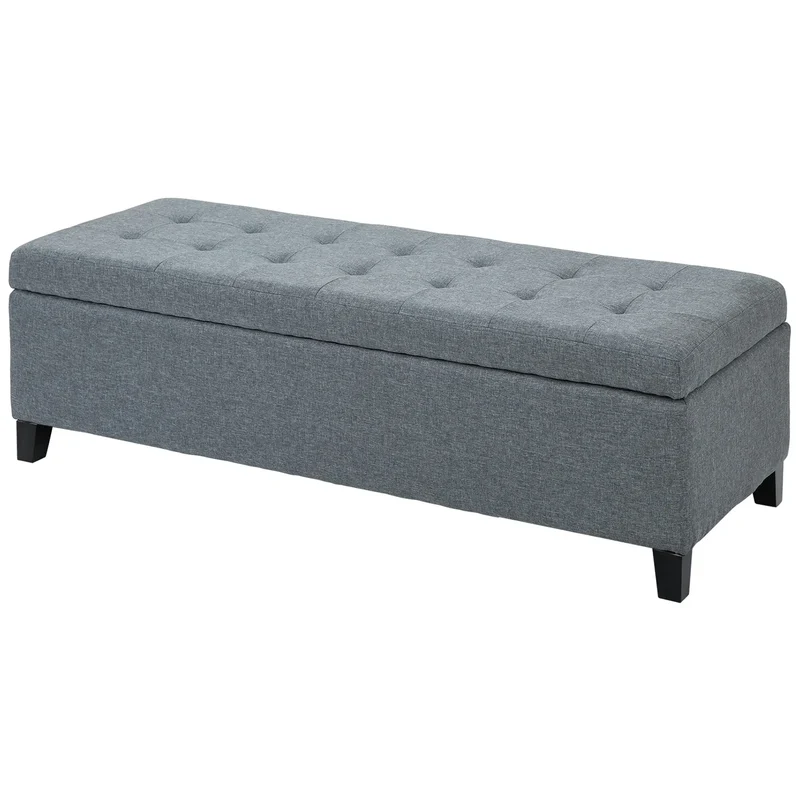 Rectangular Entry Bench, Tufted Upholstered Linen, Wood Feet, Grey