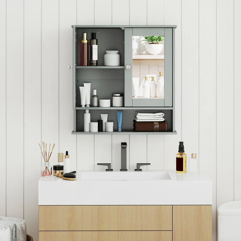 Wall Mount Mirror Cabinet, Gray