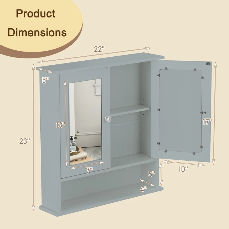 Wall Mount Mirror Cabinet, Gray