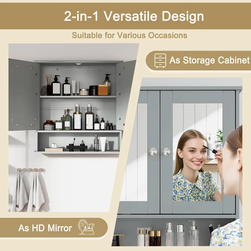 Wall Mount Mirror Cabinet, Gray