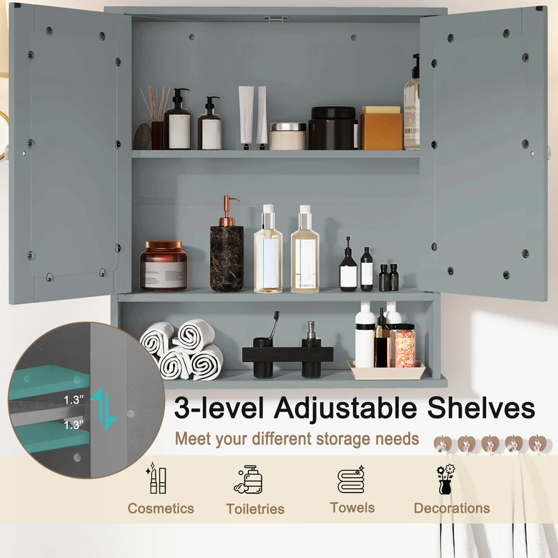 Wall Mount Mirror Cabinet, Gray
