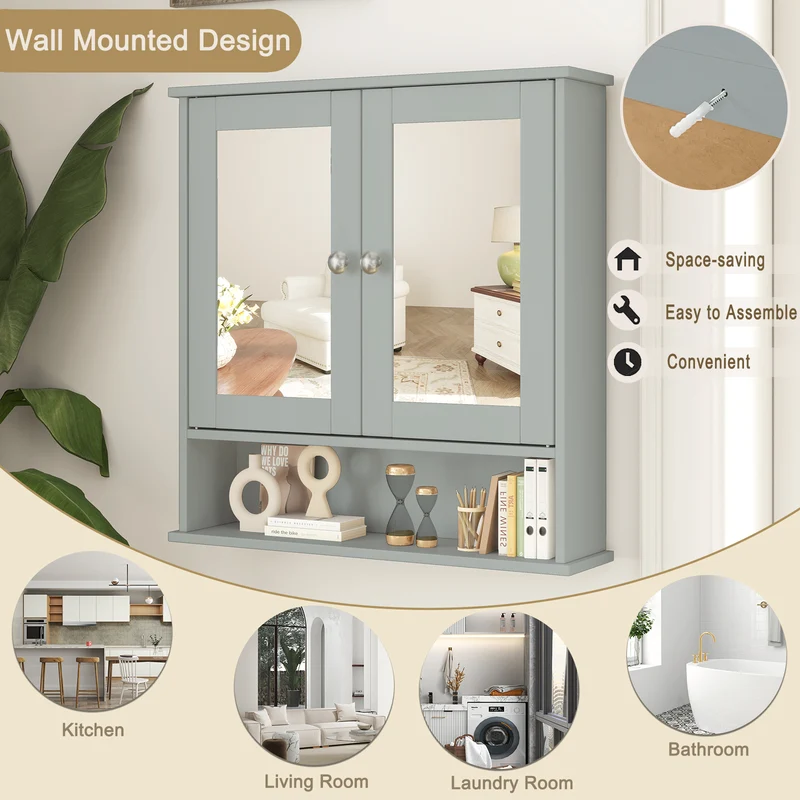 Wall Mount Mirror Cabinet, Gray