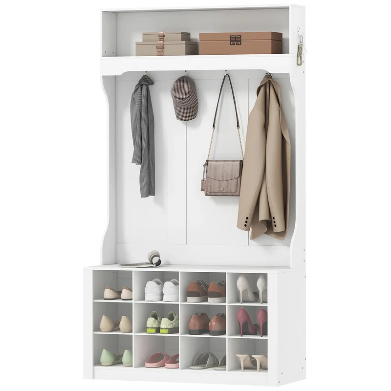 4-In-1 Hall Tree with Bench, Shoe Storage, 12 Cubbies, 6 Hooks, White
