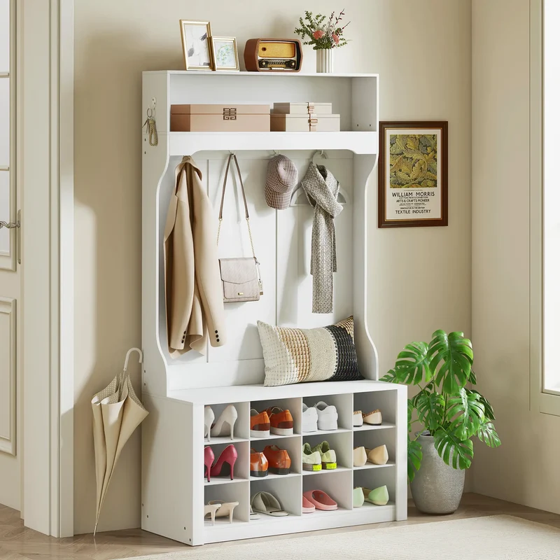 4-In-1 Hall Tree with Bench, Shoe Storage, 12 Cubbies, 6 Hooks, White