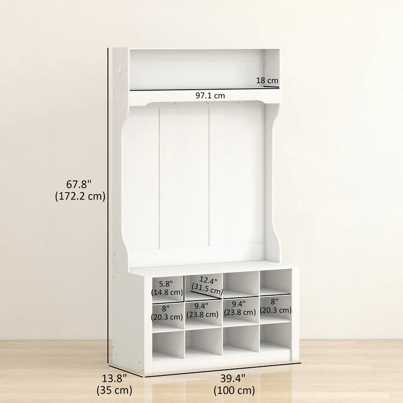 4-In-1 Hall Tree with Bench, Shoe Storage, 12 Cubbies, 6 Hooks, White