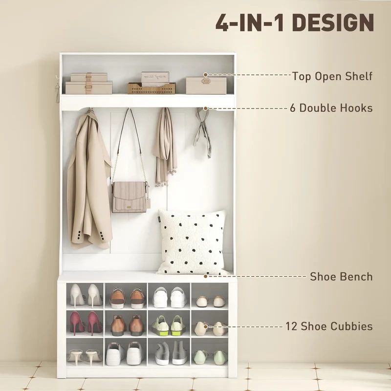 4-In-1 Hall Tree with Bench, Shoe Storage, 12 Cubbies, 6 Hooks, White
