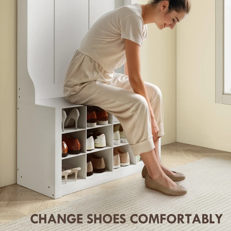 4-In-1 Hall Tree with Bench, Shoe Storage, 12 Cubbies, 6 Hooks, White