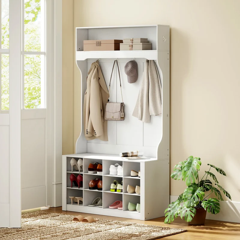 4-In-1 Hall Tree with Bench, Shoe Storage, 12 Cubbies, 6 Hooks, White