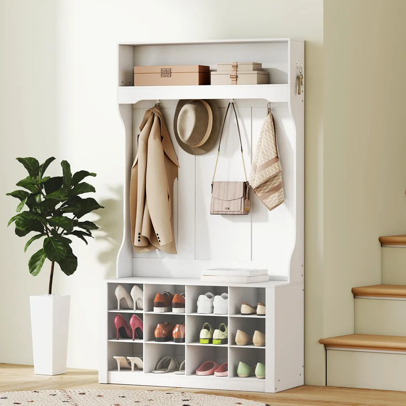 4-In-1 Hall Tree with Bench, Shoe Storage, 12 Cubbies, 6 Hooks, White