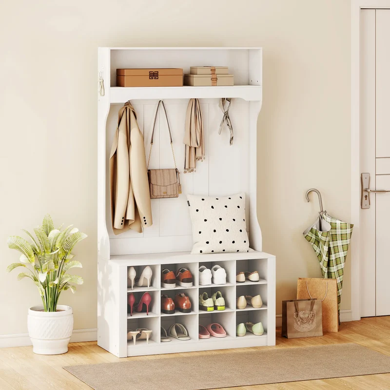4-In-1 Hall Tree with Bench, Shoe Storage, 12 Cubbies, 6 Hooks, White