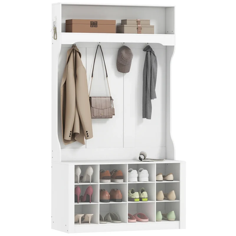 4-In-1 Hall Tree with Bench, Shoe Storage, 12 Cubbies, 6 Hooks, White