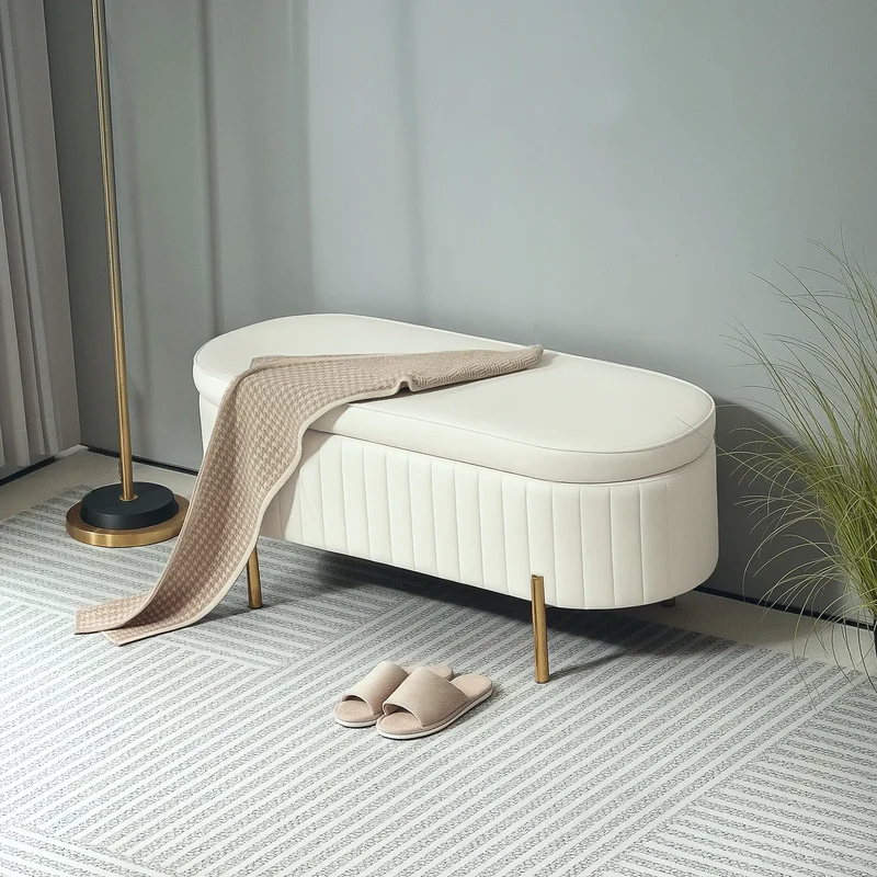 Upholstered Channel Tufted Ottoman Bench, Thick Padding, Metal Legs, Cream White