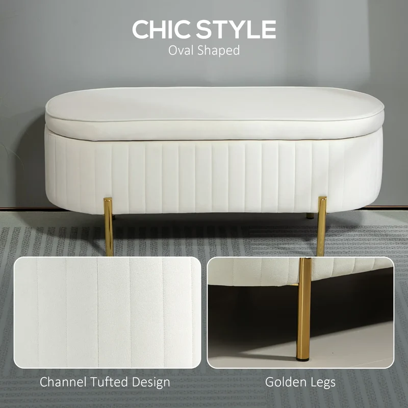 Upholstered Channel Tufted Ottoman Bench, Thick Padding, Metal Legs, Cream White