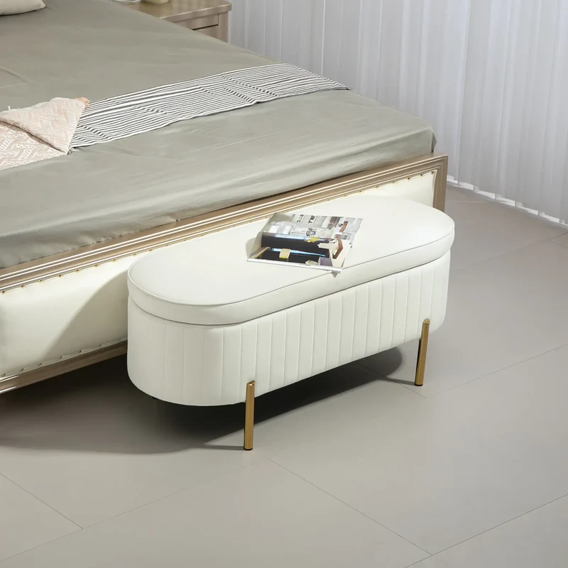 Upholstered Channel Tufted Ottoman Bench, Thick Padding, Metal Legs, Cream White