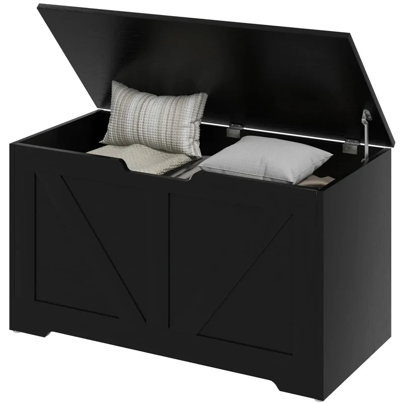 31.5 Inches Storage Chest, Wooden Box with Safety Hinges, Wood Grain, Black