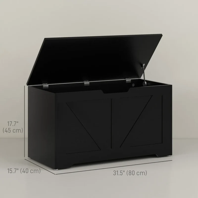 31.5 Inches Storage Chest, Wooden Box with Safety Hinges, Wood Grain, Black