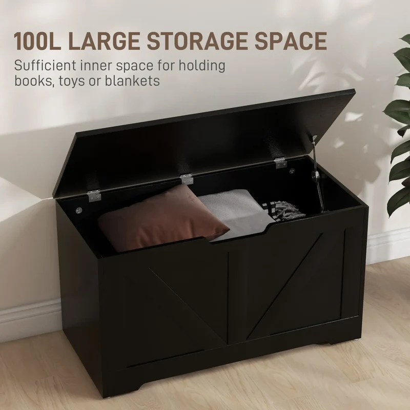 31.5 Inches Storage Chest, Wooden Box with Safety Hinges, Wood Grain, Black