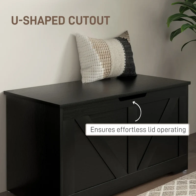 31.5 Inches Storage Chest, Wooden Box with Safety Hinges, Wood Grain, Black