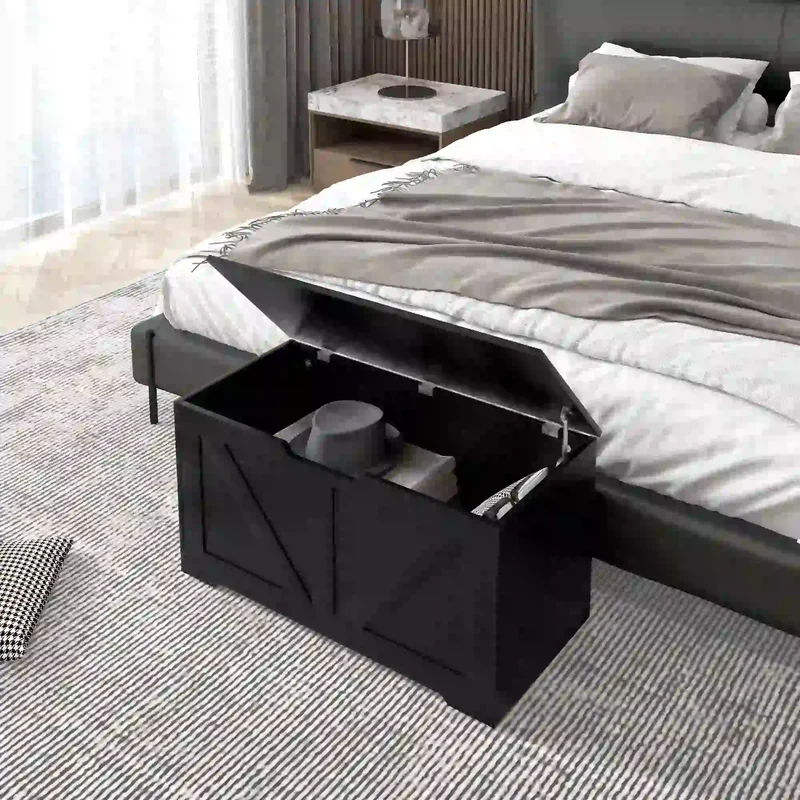 31.5 Inches Storage Chest, Wooden Box with Safety Hinges, Wood Grain, Black