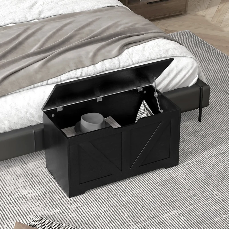 31.5 Inches Storage Chest, Wooden Box with Safety Hinges, Wood Grain, Black
