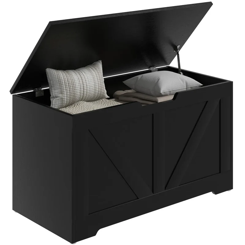 31.5 Inches Storage Chest, Wooden Box with Safety Hinges, Wood Grain, Black