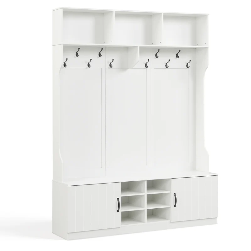 59" Wide 6-in-1 Hall Tree, Bench With Storage, White