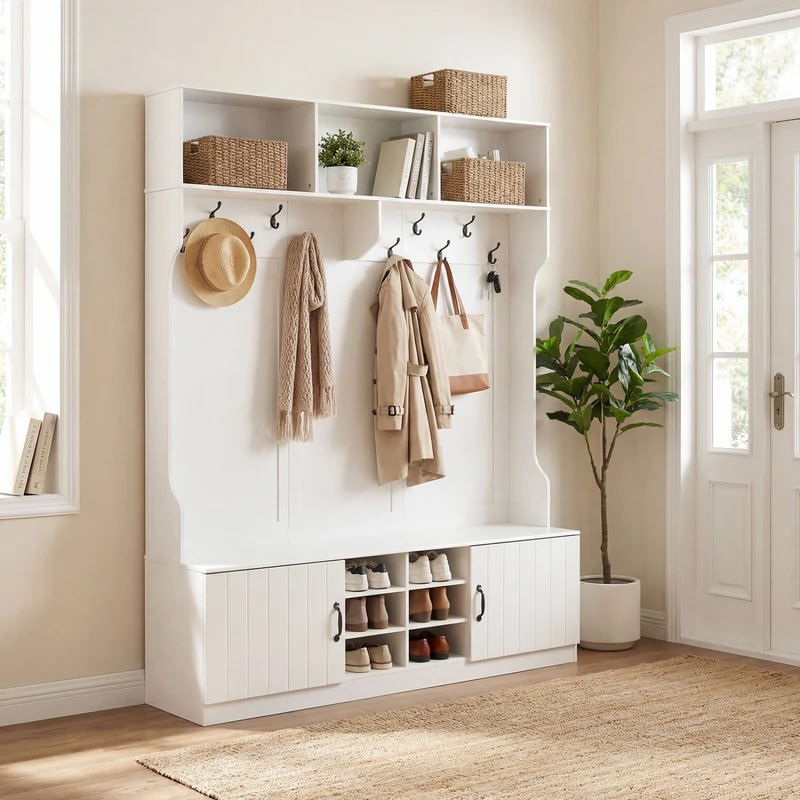 59" Wide 6-in-1 Hall Tree, Bench With Storage, White