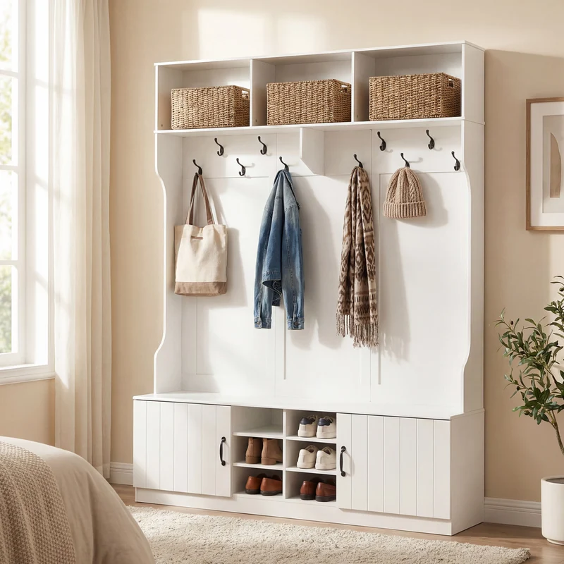 59" Wide 6-in-1 Hall Tree, Bench With Storage, White
