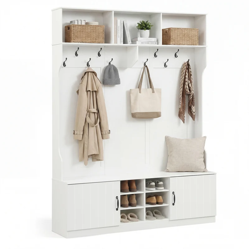 59" Wide 6-in-1 Hall Tree, Bench With Storage, White