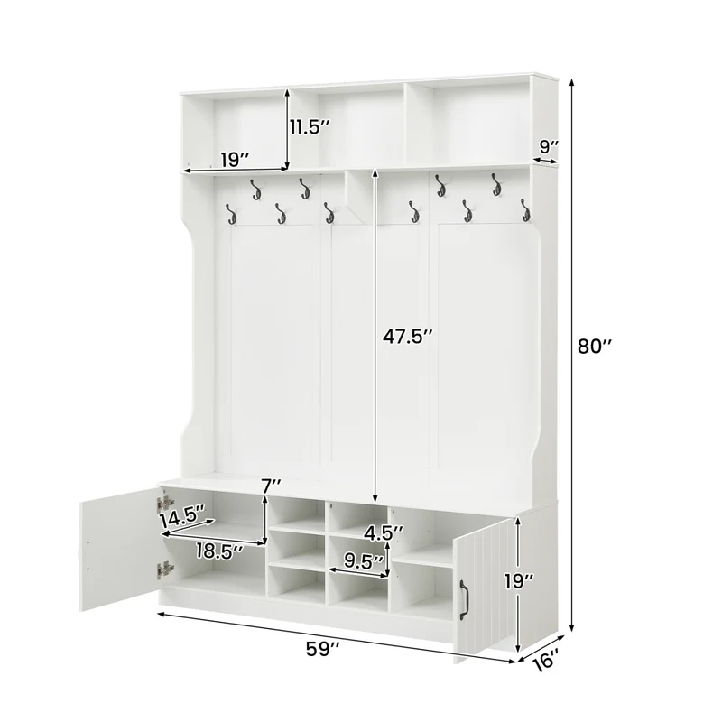 59" Wide 6-in-1 Hall Tree, Bench With Storage, White