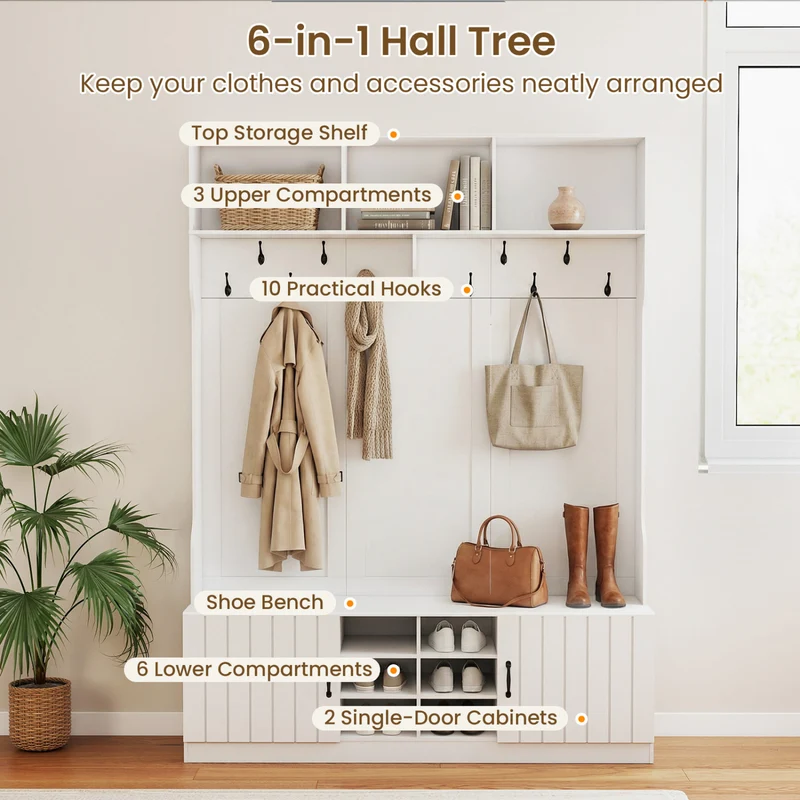 59" Wide 6-in-1 Hall Tree, Bench With Storage, White