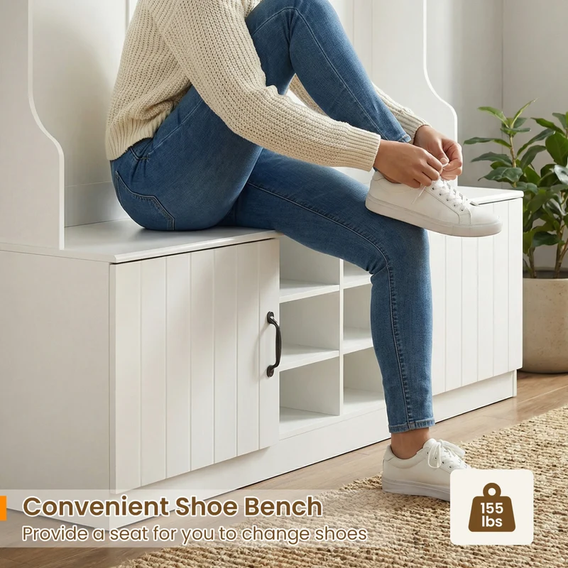 59" Wide 6-in-1 Hall Tree, Bench With Storage, White