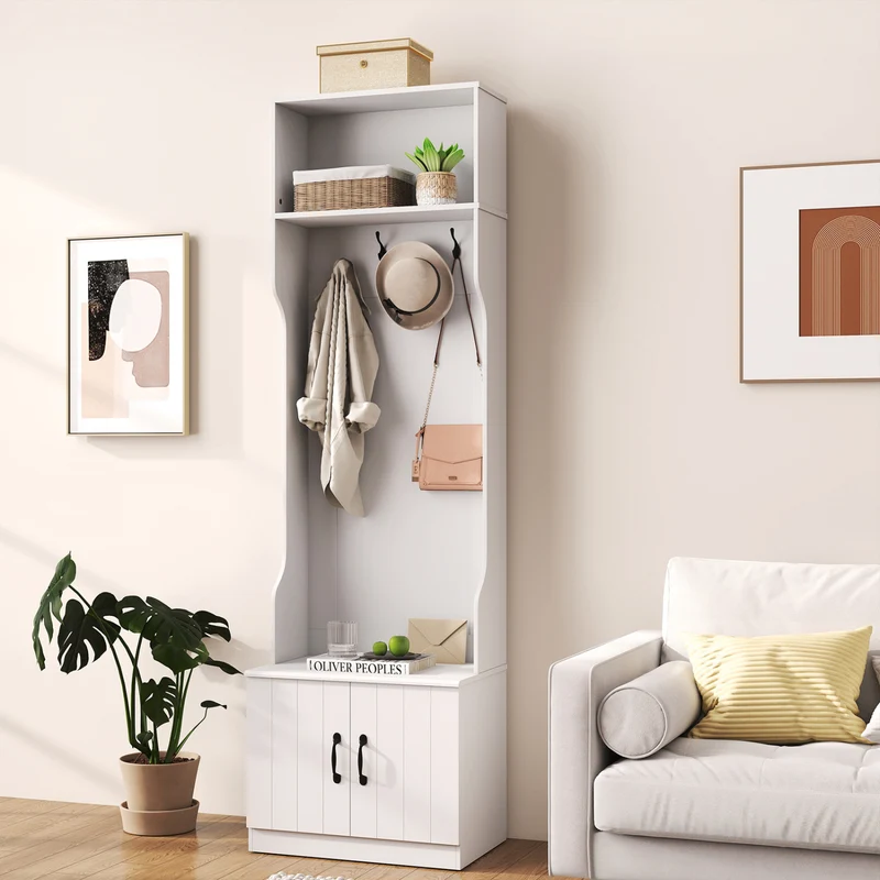 3-in-1 Hall Tree With Bench, Storage, 23.5” Wide, White