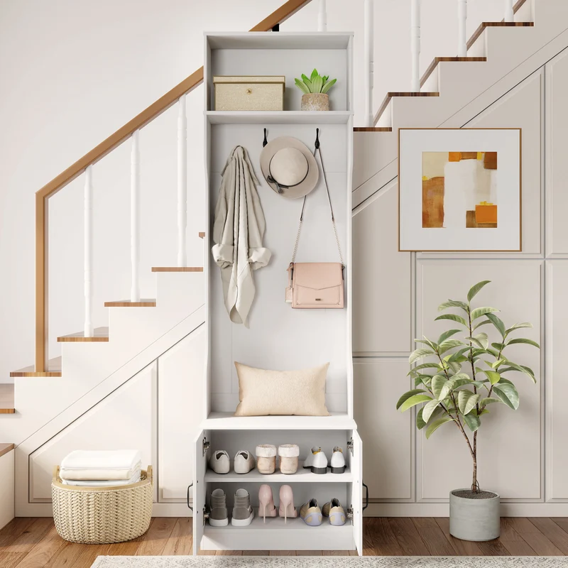 3-in-1 Hall Tree With Bench, Storage, 23.5” Wide, White