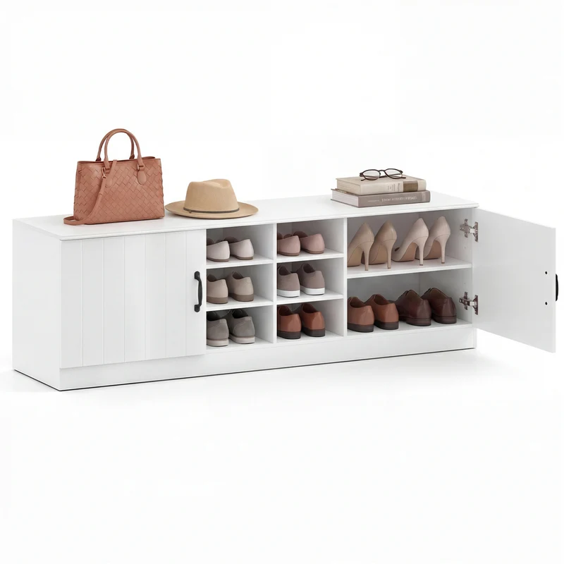2-Door Shoe Bench Cabinet, Adjustable Shelves, White