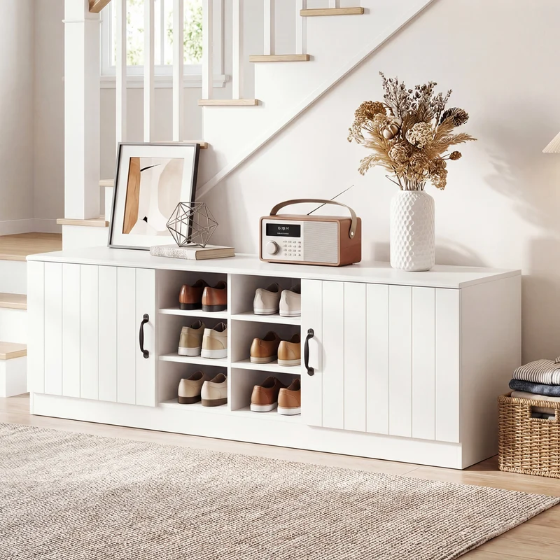 2-Door Shoe Bench Cabinet, Adjustable Shelves, White