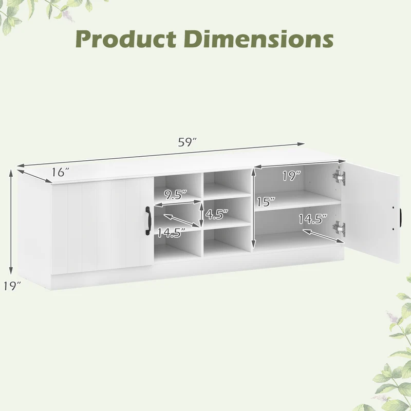 2-Door Shoe Bench Cabinet, Adjustable Shelves, White