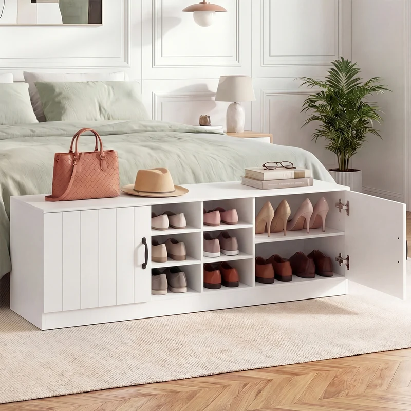 2-Door Shoe Bench Cabinet, Adjustable Shelves, White