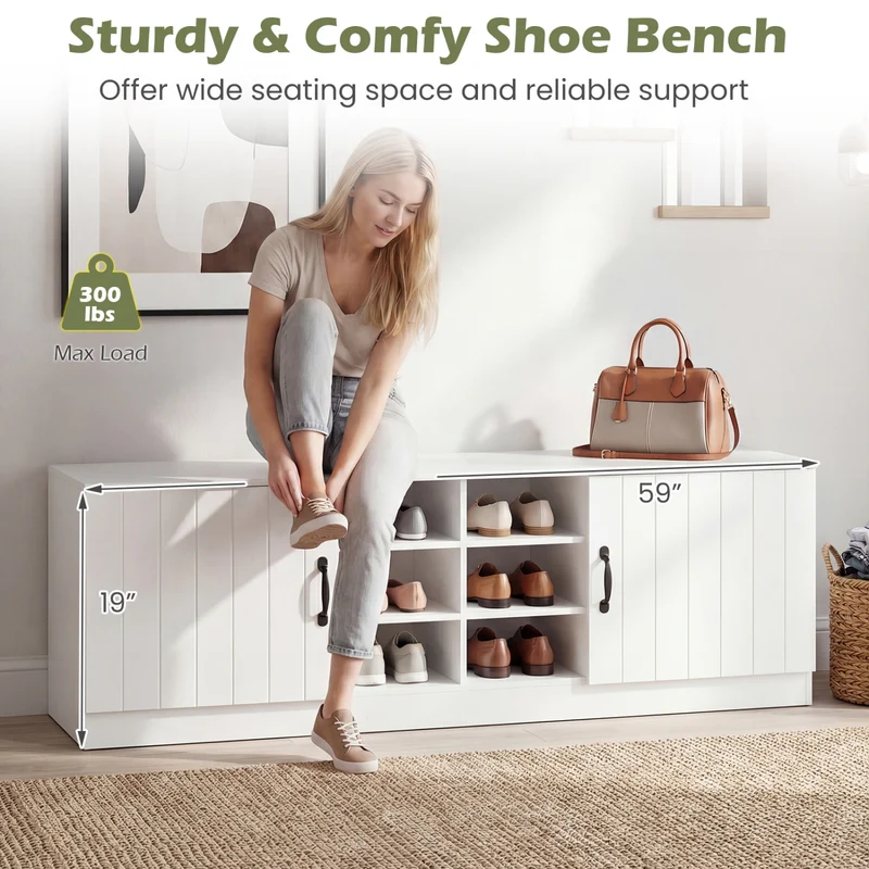 2-Door Shoe Bench Cabinet, Adjustable Shelves, White