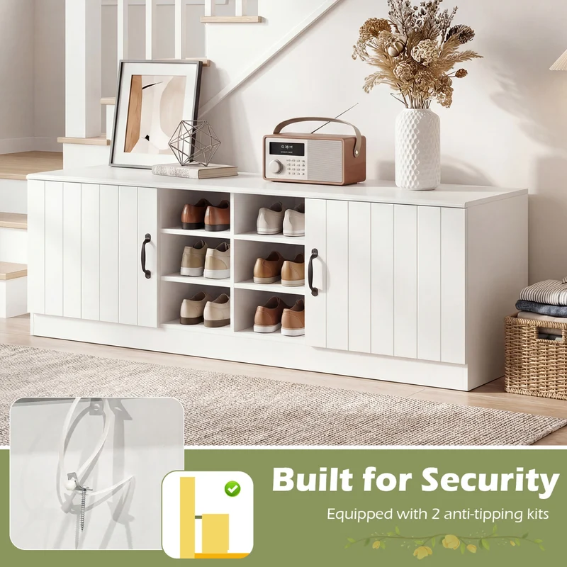 2-Door Shoe Bench Cabinet, Adjustable Shelves, White