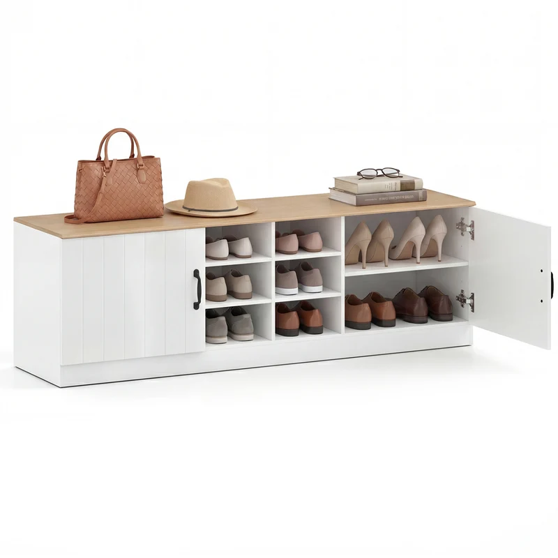 2-Door Shoe Bench Cabinet, Adjustable Shelves, Natural