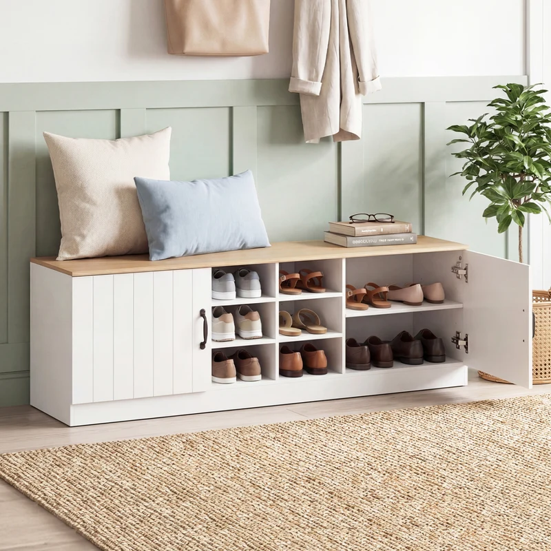 2-Door Shoe Bench Cabinet, Adjustable Shelves, Natural
