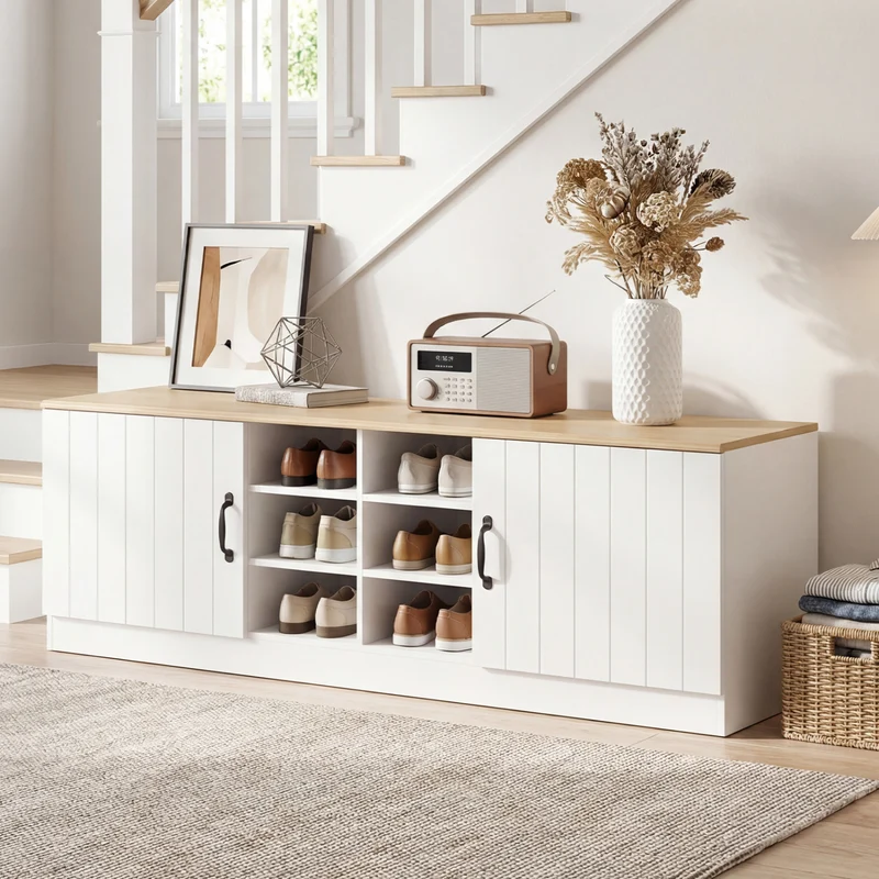 2-Door Shoe Bench Cabinet, Adjustable Shelves, Natural