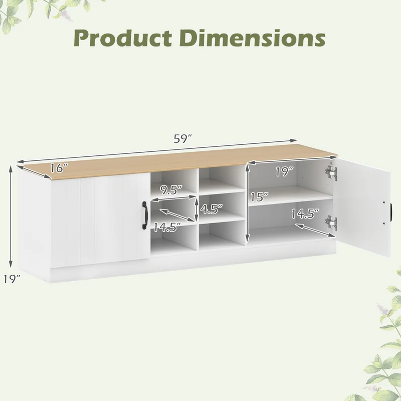 2-Door Shoe Bench Cabinet, Adjustable Shelves, Natural